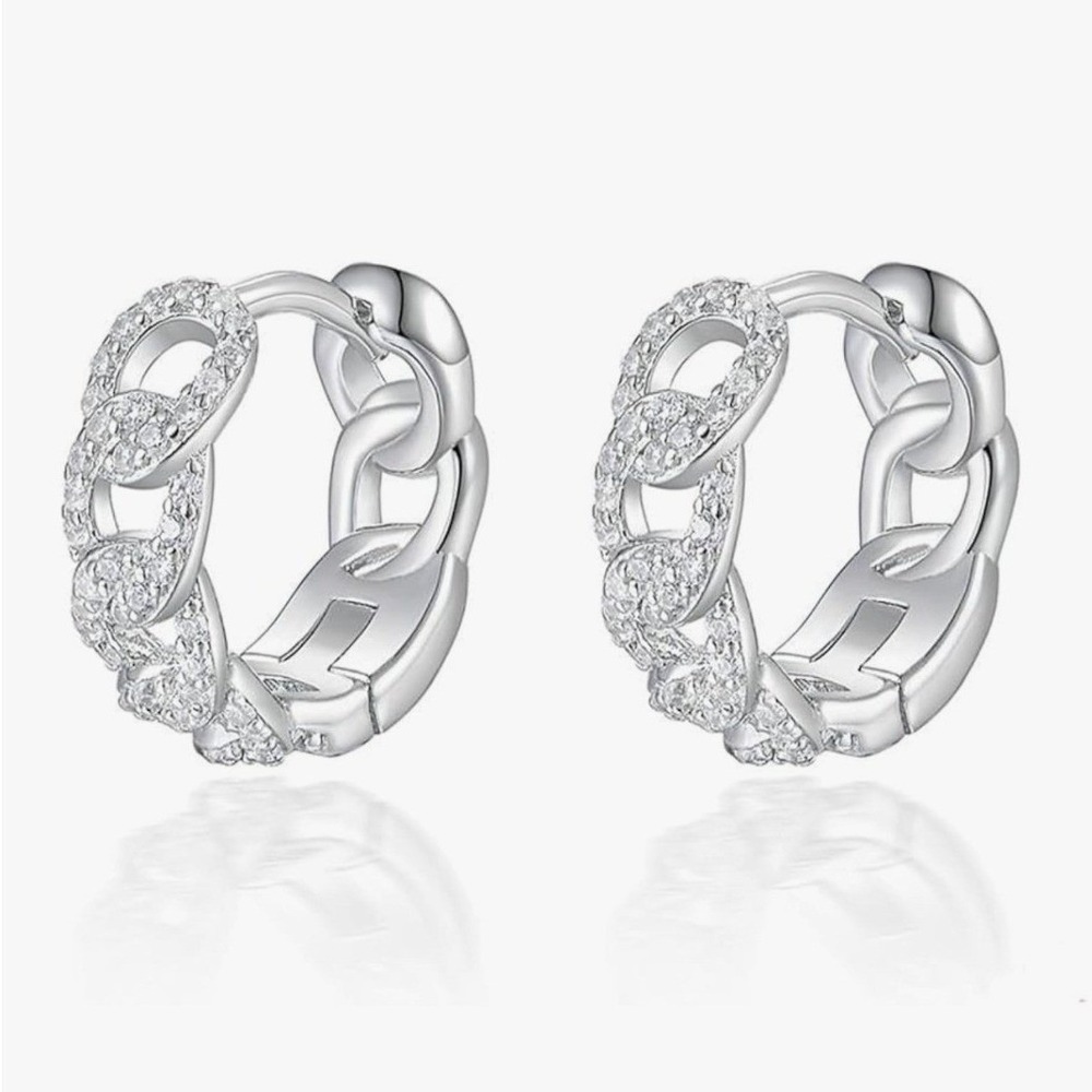 925 Sterling Silver Twisted Link Chain Zircon Hoop Huggie Earrings Pair Stacker
